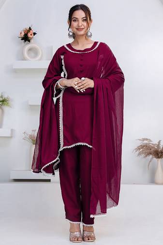 Purple lace button solid rayon stitched a-line pant suit set