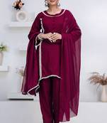 Purple lace button solid rayon stitched a-line pant suit set