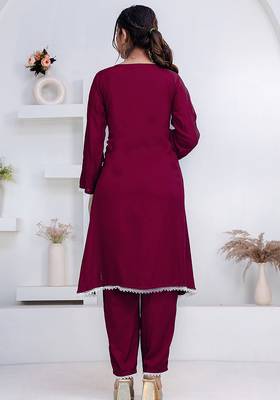 Purple lace button solid rayon stitched a-line pant suit set 2