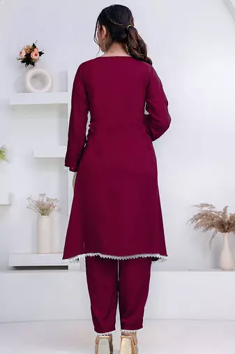 Purple lace button solid rayon stitched a-line pant suit set