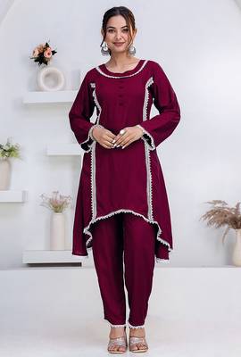 Purple lace button solid rayon stitched a-line pant suit set 3