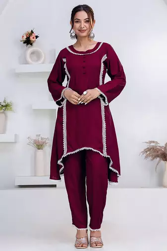 Purple lace button solid rayon stitched a-line pant suit set