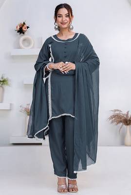Grey lace button solid rayon stitched a-line pant suit set 1