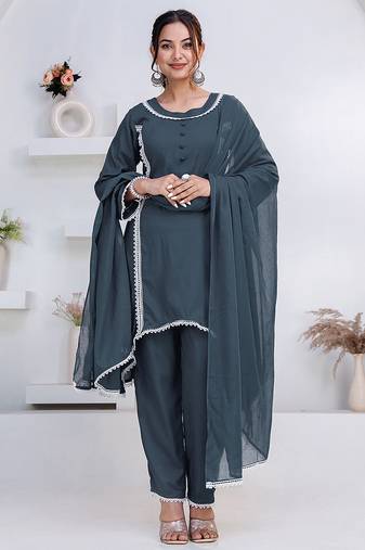 Grey lace button solid rayon stitched a-line pant suit set