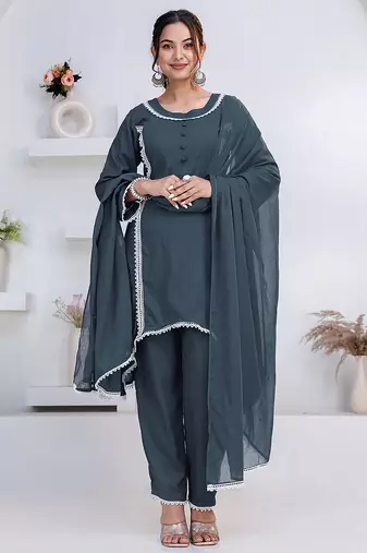 Grey lace button solid rayon stitched a-line pant suit set