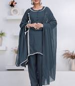 Grey lace button solid rayon stitched a-line pant suit set