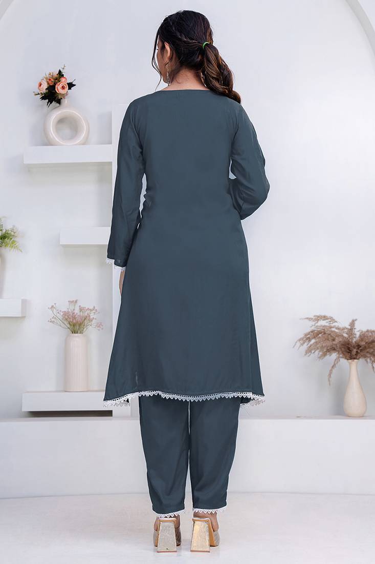 Grey lace button solid rayon stitched a-line pant suit set