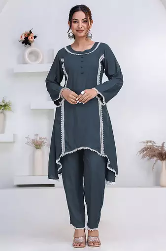 Grey lace button solid rayon stitched a-line pant suit set