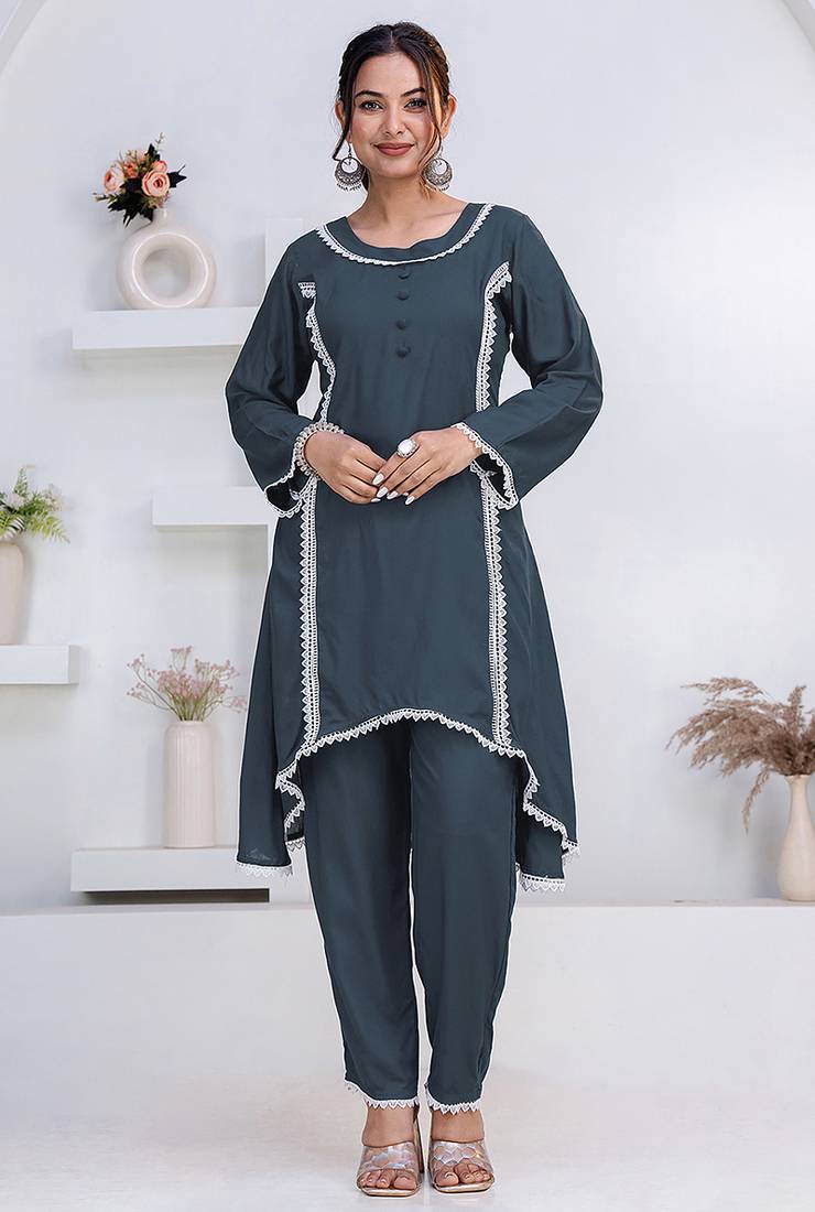 Grey lace button solid rayon stitched a-line pant suit set