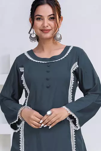 Grey lace button solid rayon stitched a-line pant suit set