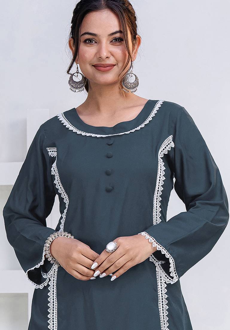 Grey lace button solid rayon stitched a-line pant suit set