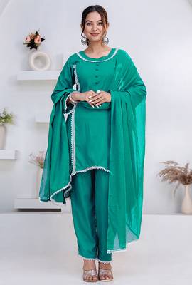 Green lace button solid rayon stitched a-line pant suit set 1