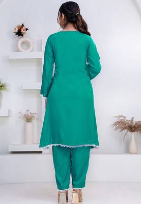 Green lace button solid rayon stitched a-line pant suit set 2