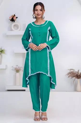 Green lace button solid rayon stitched a-line pant suit set