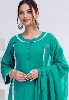 Green lace button solid rayon stitched a-line pant suit set 4