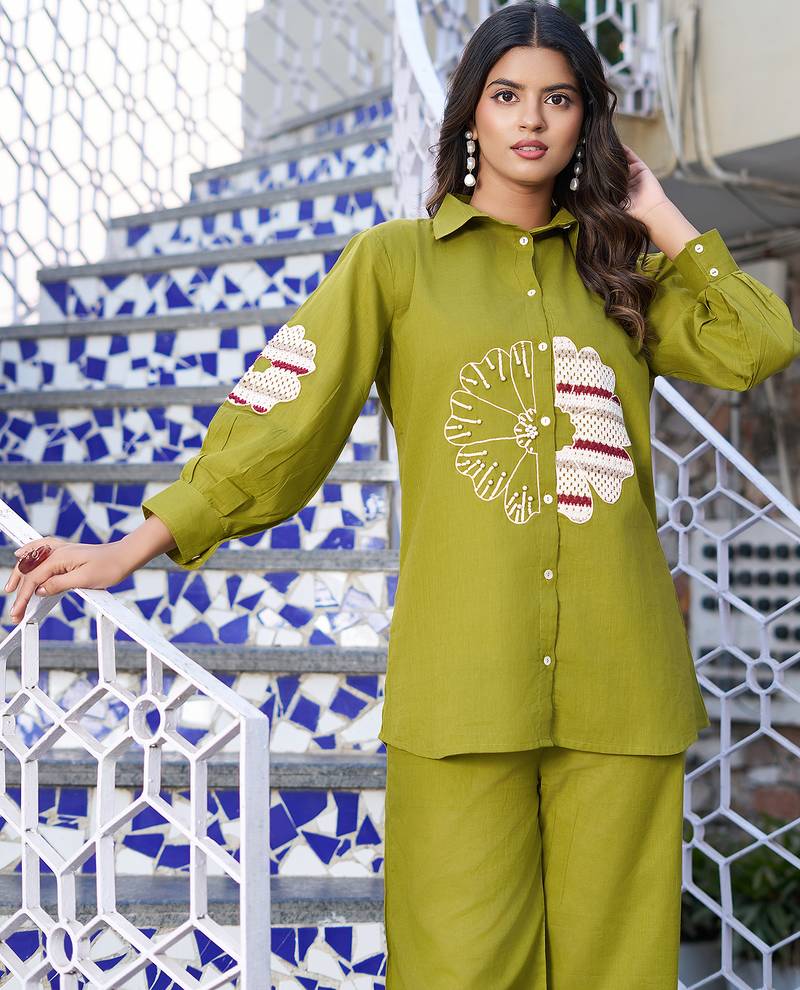 Women Embroidered Pure Cotton Shirt  with Trousers Co-Ords
