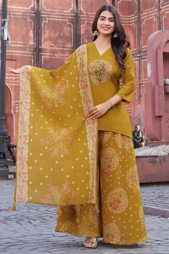 Women Ethnic Cotton Dhabu With Aplic Work & Khatli Work  Kurta with Trousers & Dupatta