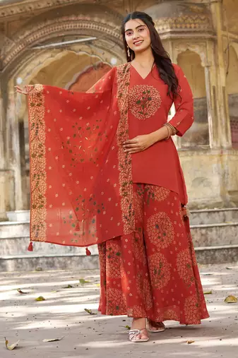 Women Ethnic Cotton Dhabu With Aplic Work & Khatli Work  Kurta with Trousers & Dupatta