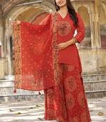 Women Ethnic Cotton Dhabu With Aplic Work & Khatli Work  Kurta with Trousers & Dupatta