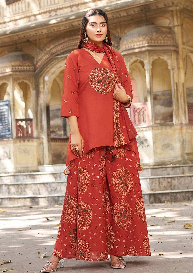 Women Ethnic Cotton Dhabu With Aplic Work & Khatli Work  Kurta with Trousers & Dupatta