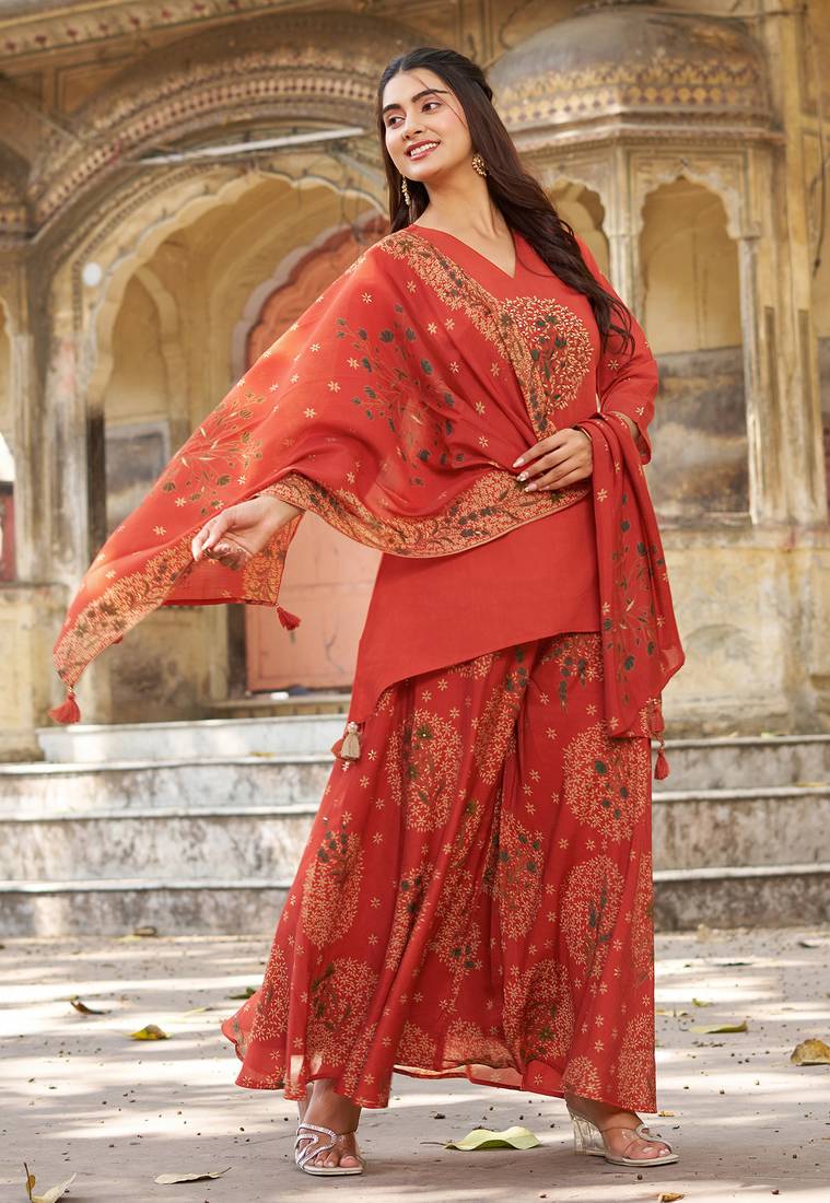 Women Ethnic Cotton Dhabu With Aplic Work & Khatli Work  Kurta with Trousers & Dupatta