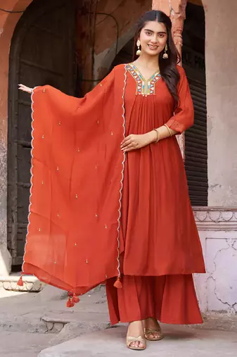 Women Ethnic Motifs Embroidered Empire Thread Work Chanderi Cotton Kurta with Trousers & With Dupatta