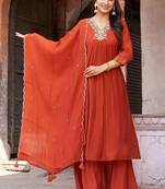 Women Ethnic Motifs Embroidered Empire Thread Work Chanderi Cotton Kurta with Trousers & With Dupatta