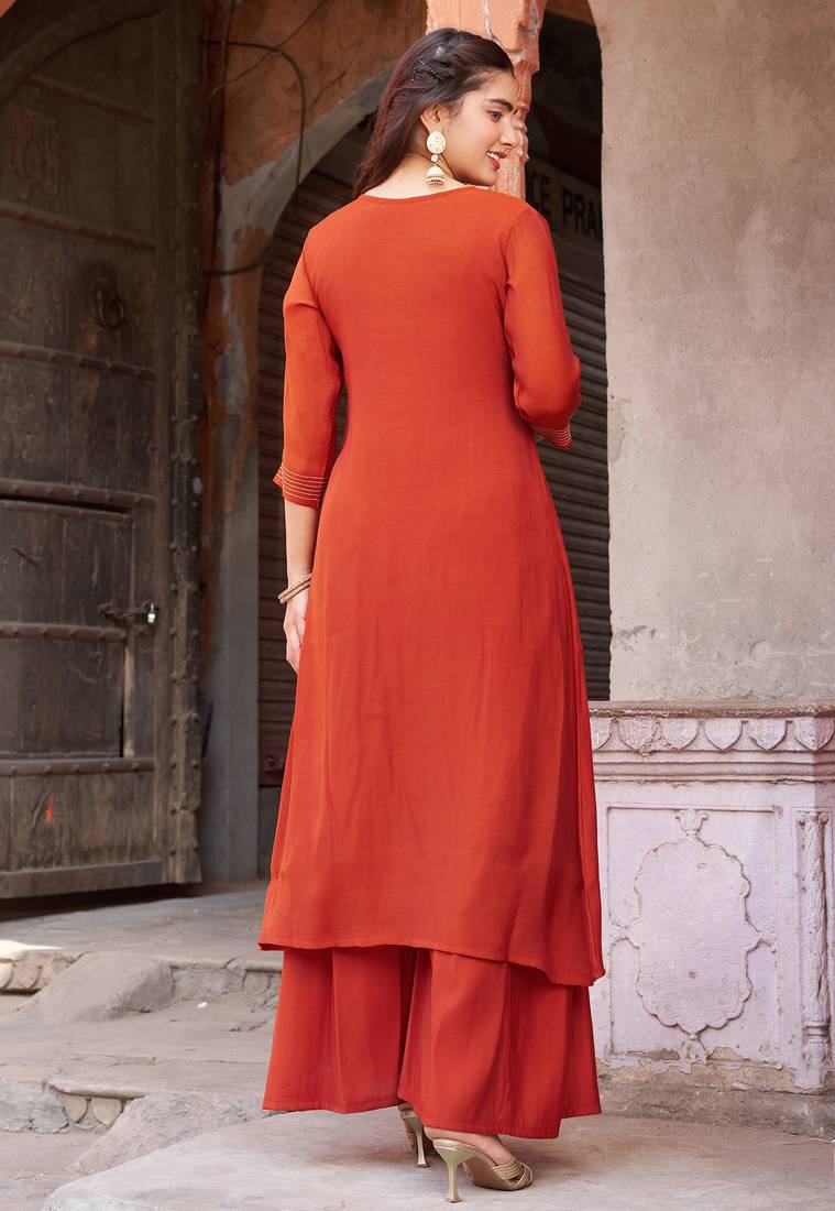 Women Ethnic Motifs Embroidered Empire Thread Work Chanderi Cotton Kurta with Trousers & With Dupatta
