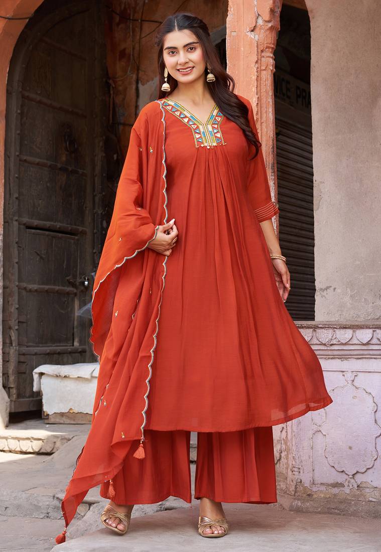 Women Ethnic Motifs Embroidered Empire Thread Work Chanderi Cotton Kurta with Trousers & With Dupatta