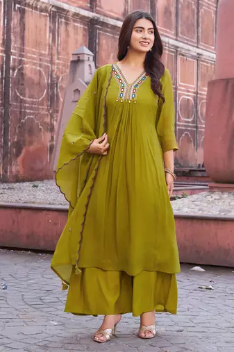 Women Ethnic Motifs Embroidered Empire Thread Work Chanderi Cotton Kurta with Trousers & With Dupatta