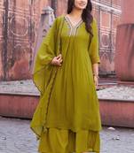 Women Ethnic Motifs Embroidered Empire Thread Work Chanderi Cotton Kurta with Trousers & With Dupatta