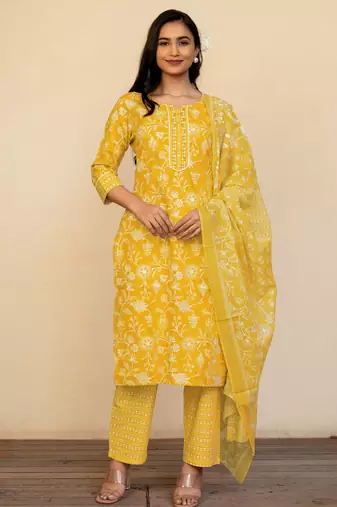 Women's mustard floral print pure cotton straight fit kurta set with bottom and dupatta (3-piece set)