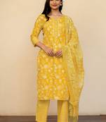 Women's mustard floral print pure cotton straight fit kurta set with bottom and dupatta (3-piece set)