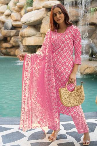 Women's pink & white floral print pure cotton straight fit kurta set with bottom and dupatta (3-piece set)
