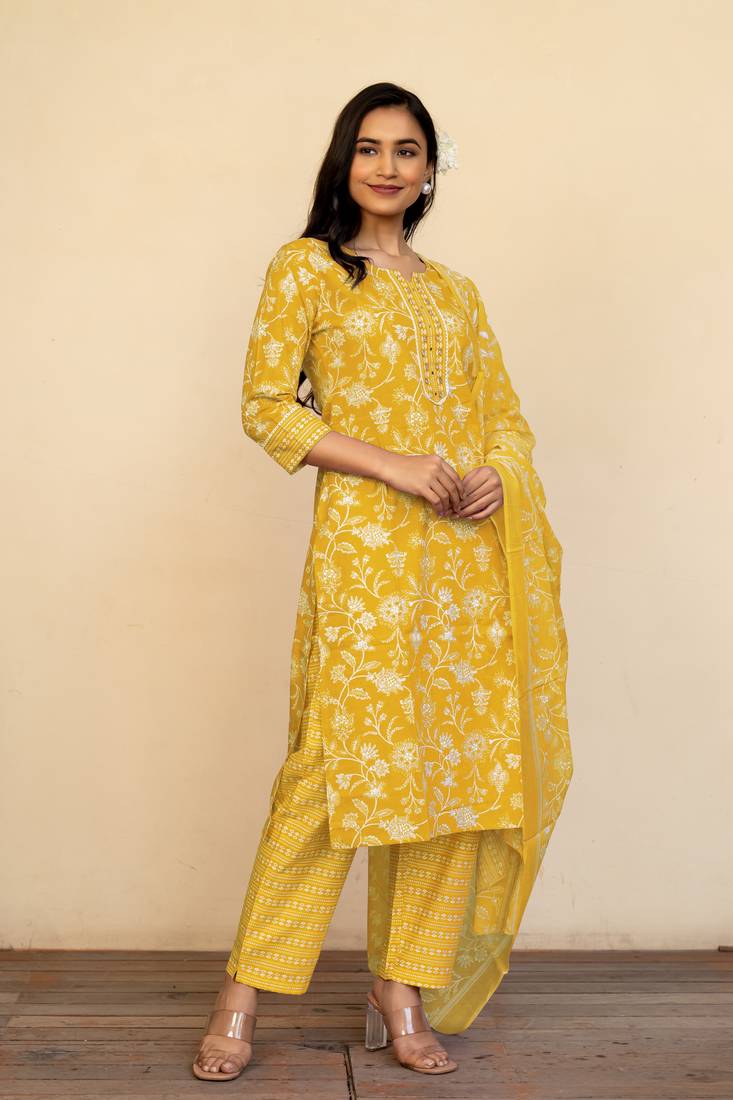 Women's mustard floral print pure cotton straight fit kurta set with bottom and dupatta (3-piece set)