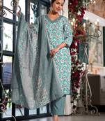 Women's white & teal floral print pure cotton straight fit kurta set with bottom and dupatta (3-piece set)