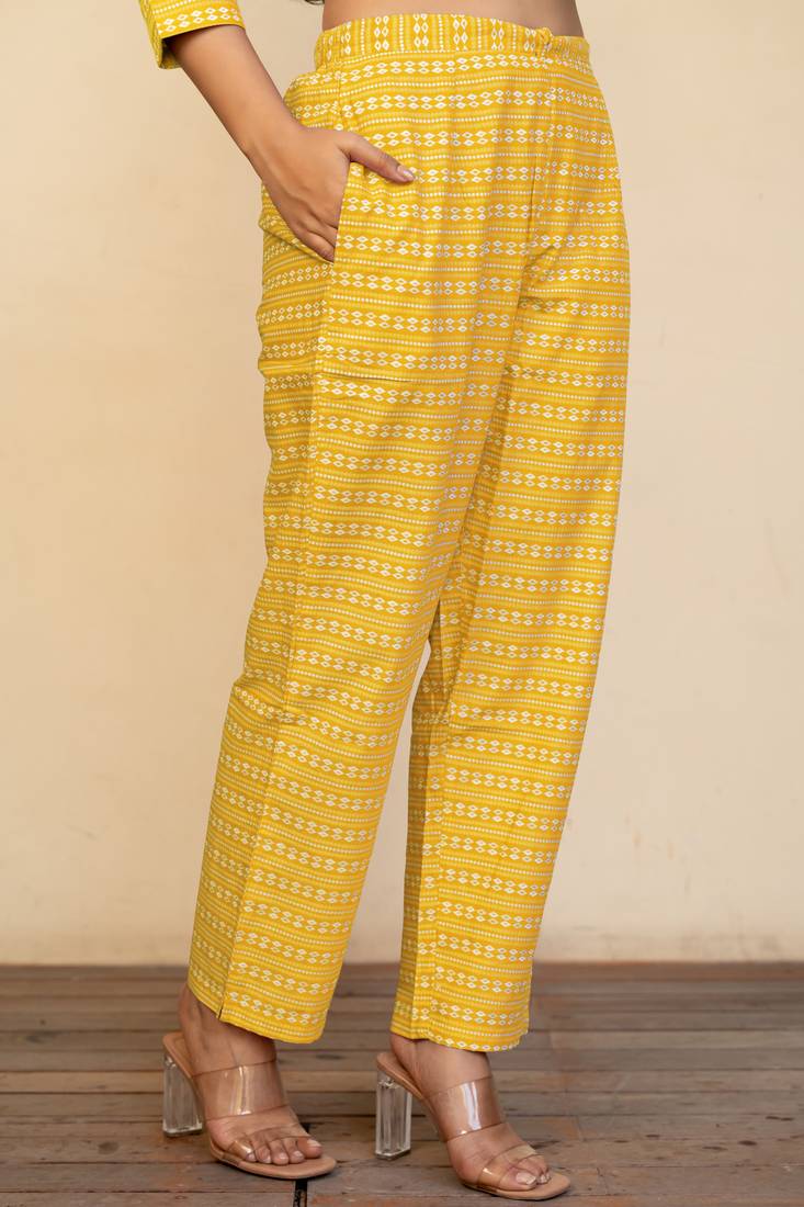 Women's mustard floral print pure cotton straight fit kurta set with bottom and dupatta (3-piece set)