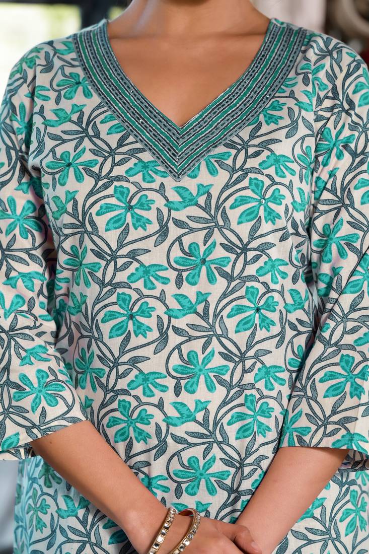 Women's white & teal floral print pure cotton straight fit kurta set with bottom and dupatta (3-piece set)