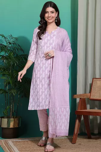 Women's lavender & white paisley sequin work pure cotton straight fit kurta set with bottom and dupatta