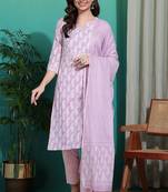 Women's lavender & white paisley sequin work pure cotton straight fit kurta set with bottom and dupatta