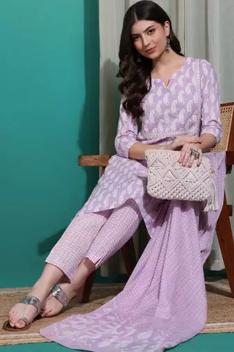 Women's lavender & white paisley sequin work pure cotton straight fit kurta set with bottom and dupatta