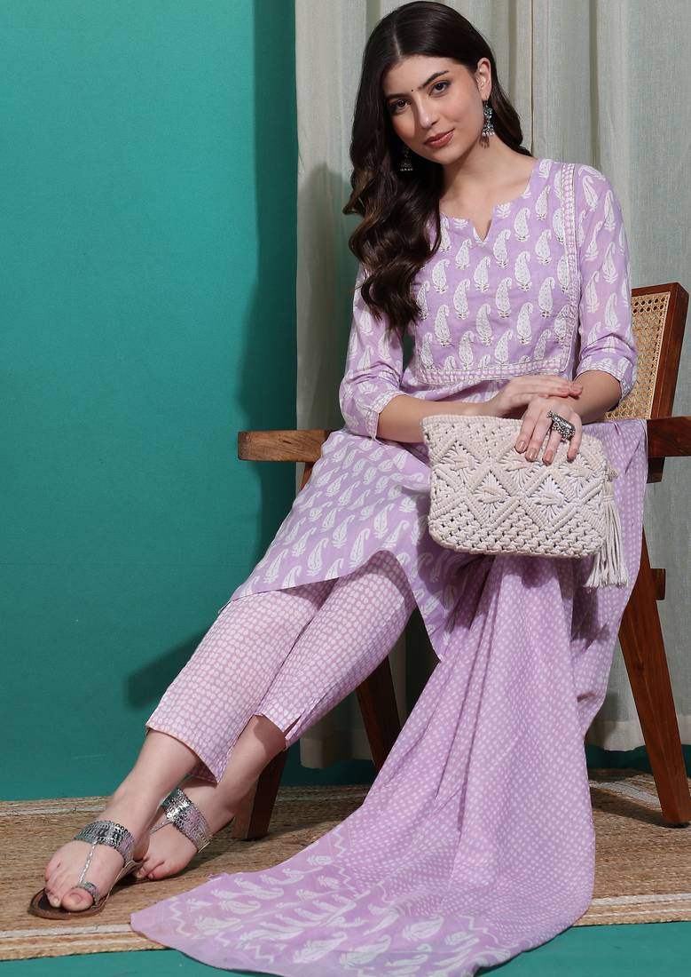 Women's lavender & white paisley sequin work pure cotton straight fit kurta set with bottom and dupatta