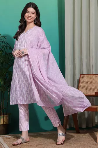 Women's lavender & white paisley sequin work pure cotton straight fit kurta set with bottom and dupatta