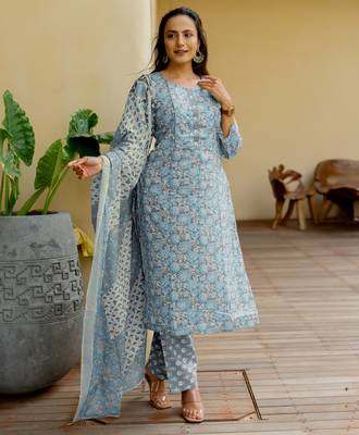 Women's grey & turquoise floral print pure cotton straight fit kurta set with bottom and dupatta (3-piece set) 1