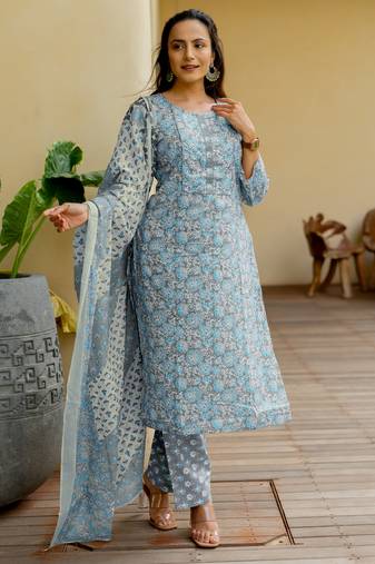 Women's grey & turquoise floral print pure cotton straight fit kurta set with bottom and dupatta (3-piece set)