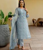 Women's grey & turquoise floral print pure cotton straight fit kurta set with bottom and dupatta (3-piece set)