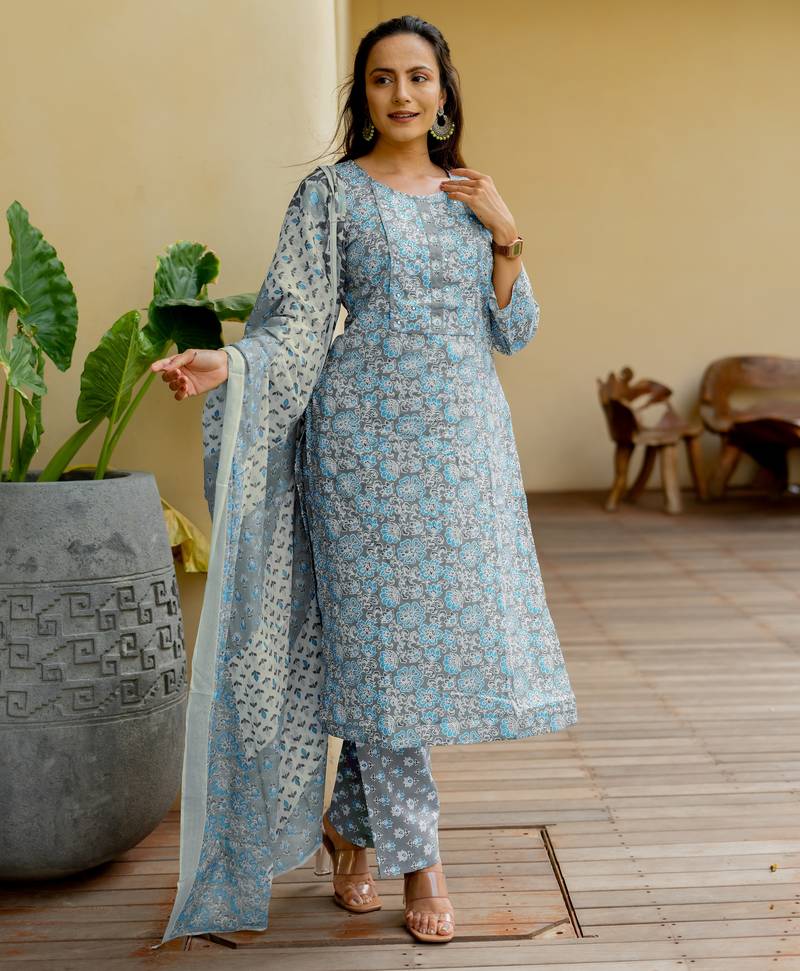 Women's grey & turquoise floral print pure cotton straight fit kurta set with bottom and dupatta (3-piece set)