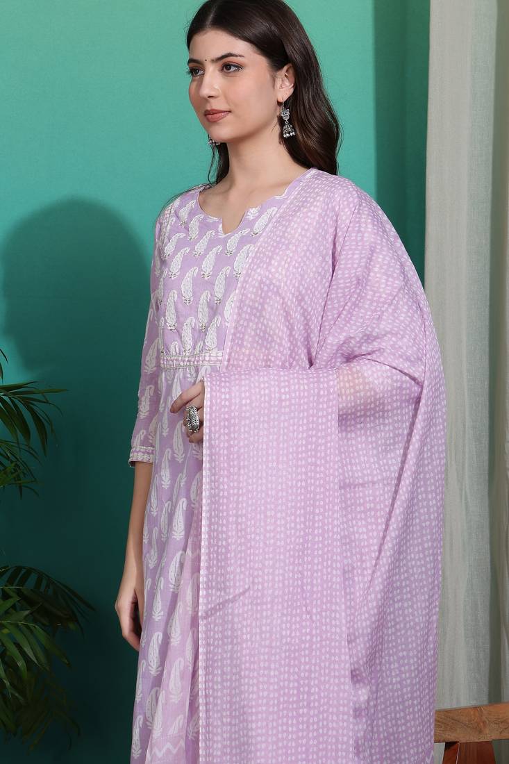 Women's lavender & white paisley sequin work pure cotton straight fit kurta set with bottom and dupatta
