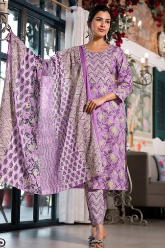 Women's lavendar floral print pure cotton straight fit kurta set with bottom and dupatta (3-piece set)
