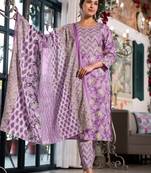 Women's lavendar floral print pure cotton straight fit kurta set with bottom and dupatta (3-piece set)